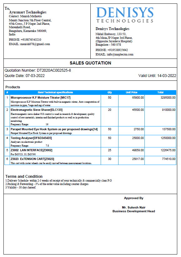 Sample Quotation Proposal Options Supported In Maple CRM